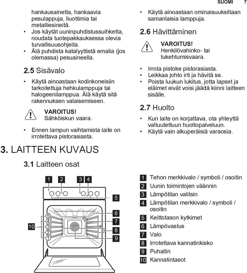 Sähköiskun vaara. Ennen lampun vaihtamista laite on irrotettava pistorasiasta. 3. LAITTEEN KUVAUS 3.1 Laitteen osat Käytä ainoastaan ominaisuuksiltaan samanlaisia lamppuja. 2.