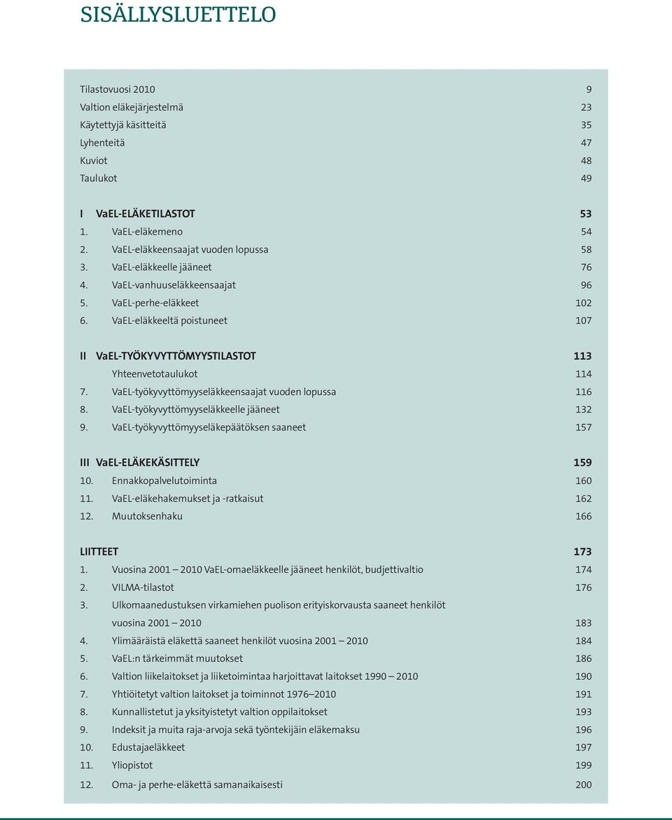 VaEL-työkyvyttömyyseläkkeensaajat vuoden lopussa 6 8. VaEL-työkyvyttömyyseläkkeelle jääneet 9. VaEL-työkyvyttömyyseläkepäätöksen saaneet 7 III VaEL-ELÄKEKÄSITTELY 9 0. Ennakkopalvelutoiminta 60.