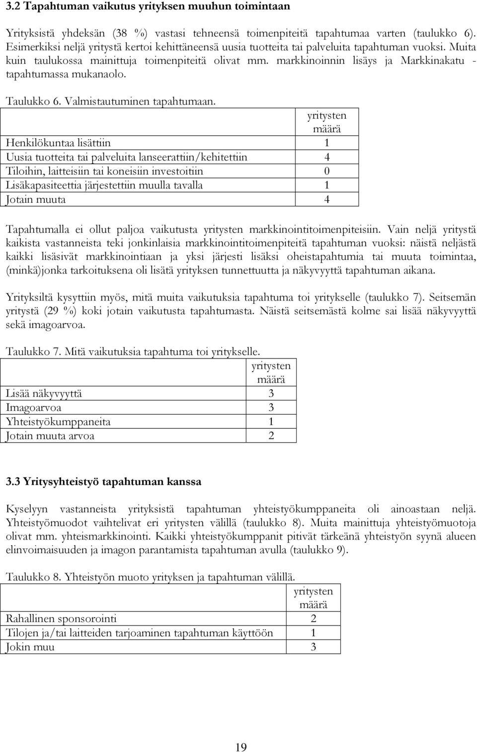 markkinoinnin lisäys ja Markkinakatu - tapahtumassa mukanaolo. Taulukko 6. Valmistautuminen tapahtumaan.