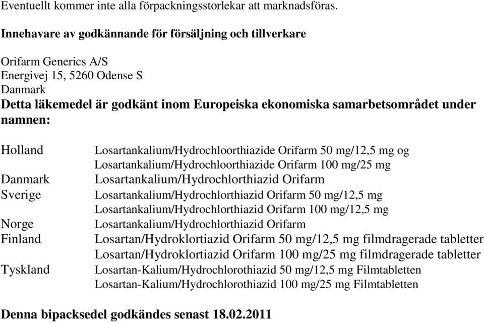 Holland Danmark Sverige Norge Finland Tyskland Losartankalium/Hydrochloorthiazide Orifarm 50 mg/12,5 mg og Losartankalium/Hydrochloorthiazide Orifarm 100 mg/25 mg Losartankalium/Hydrochlorthiazid