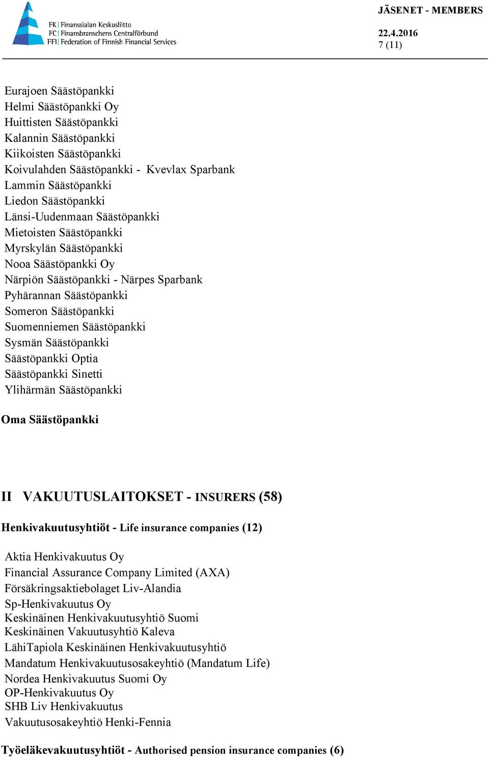 Suomenniemen Säästöpankki Sysmän Säästöpankki Säästöpankki Optia Säästöpankki Sinetti Ylihärmän Säästöpankki Oma Säästöpankki II VAKUUTUSLAITOKSET - INSURERS (58) Henkivakuutusyhtiöt - Life insurance