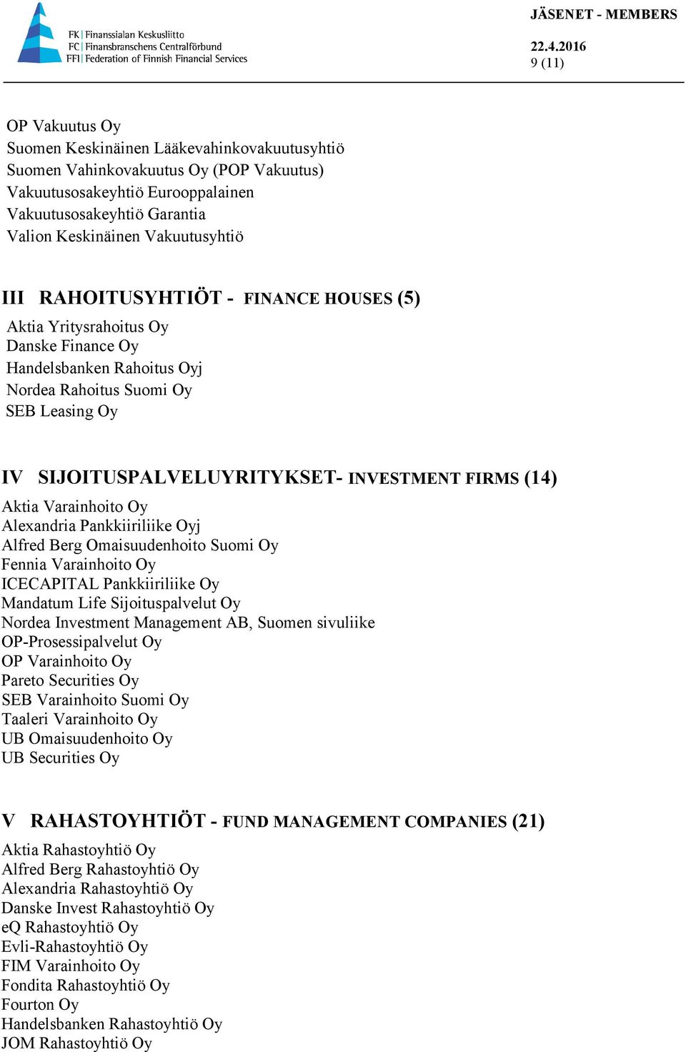 INVESTMENT FIRMS (14) Aktia Varainhoito Oy Alexandria Pankkiiriliike Oyj Alfred Berg Omaisuudenhoito Suomi Oy Fennia Varainhoito Oy ICECAPITAL Pankkiiriliike Oy Mandatum Life Sijoituspalvelut Oy