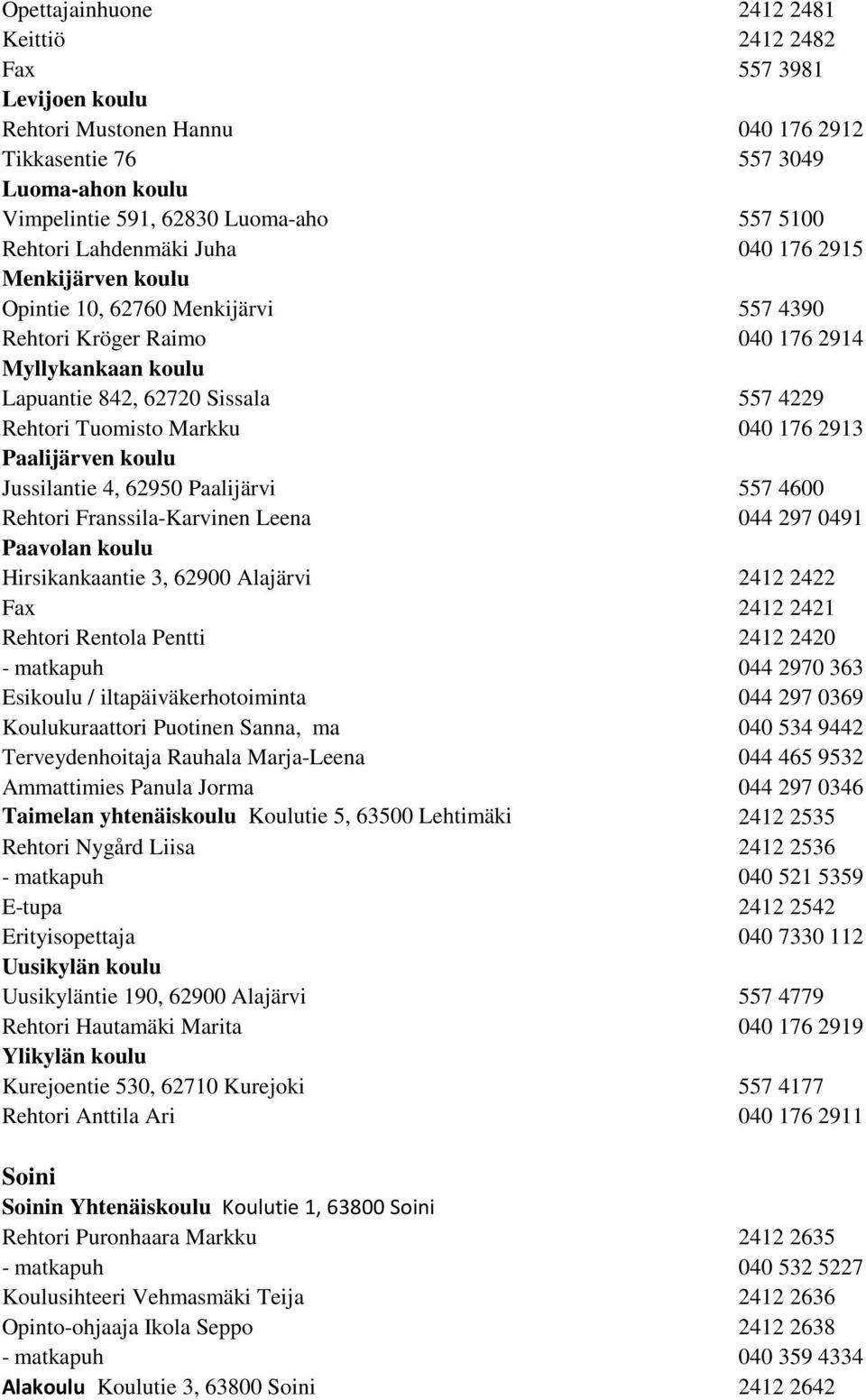 040 176 2913 Paalijärven koulu Jussilantie 4, 62950 Paalijärvi 557 4600 Rehtori Franssila-Karvinen Leena 044 297 0491 Paavolan koulu Hirsikankaantie 3, 62900 Alajärvi 2412 2422 Fax 2412 2421 Rehtori