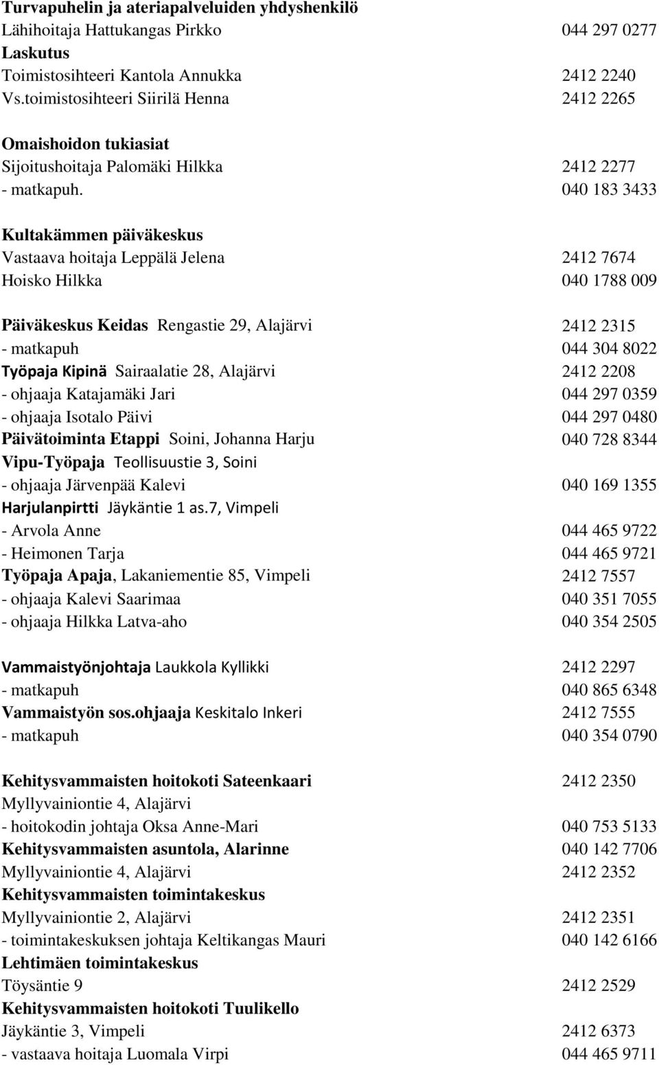 040 183 3433 Kultakämmen päiväkeskus Vastaava hoitaja Leppälä Jelena 2412 7674 Hoisko Hilkka 040 1788 009 Päiväkeskus Keidas Rengastie 29, Alajärvi 2412 2315 - matkapuh 044 304 8022 Työpaja Kipinä