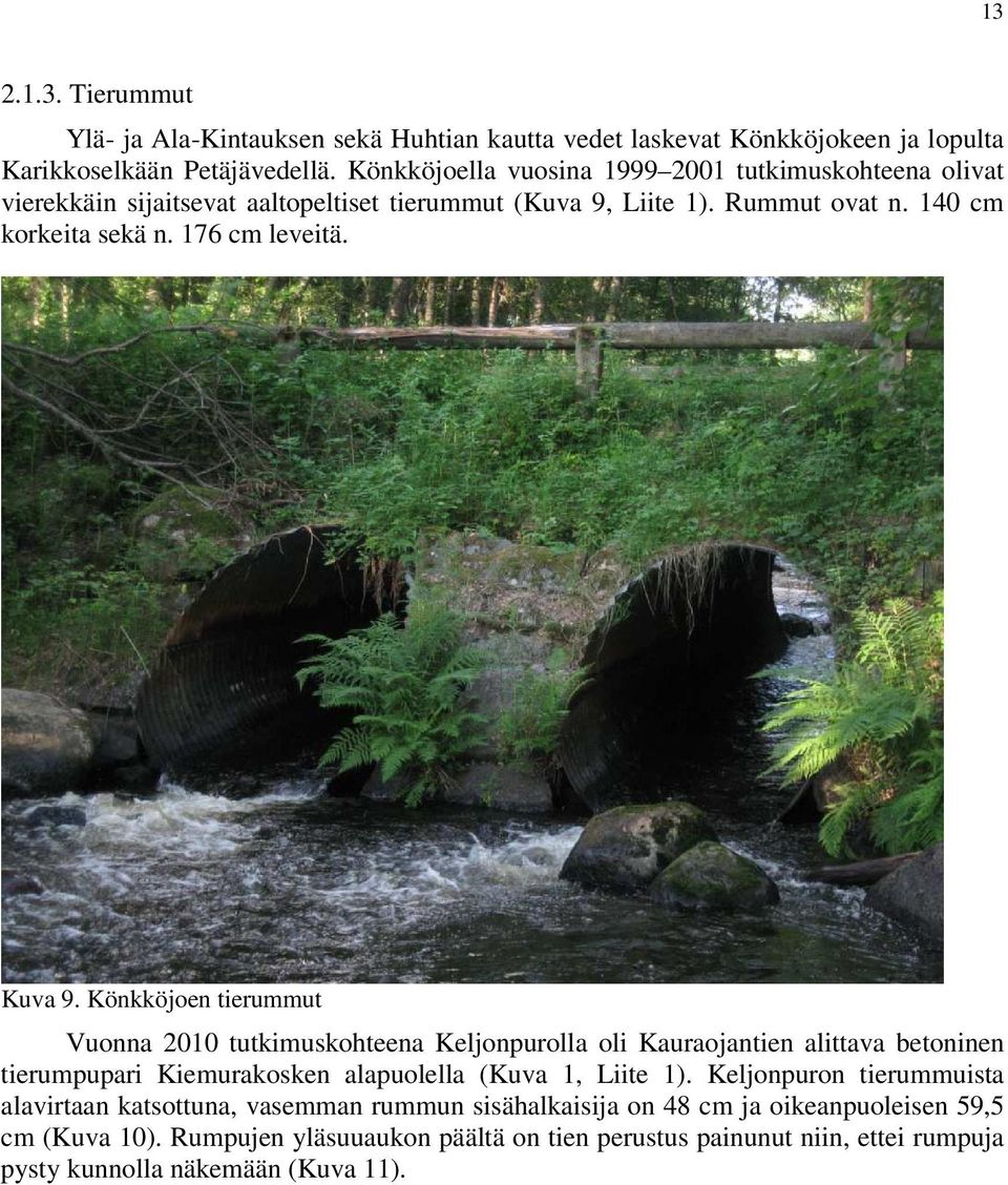 Kuva 9. Könkköjoen tierummut Vuonna 2010 tutkimuskohteena Keljonpurolla oli Kauraojantien alittava betoninen tierumpupari Kiemurakosken alapuolella (Kuva 1, Liite 1).