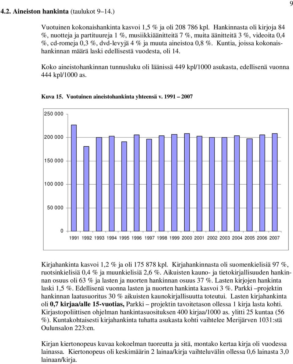 Kuntia, joissa kokonaishankinnan määrä laski edellisestä vuodesta, oli 14. Koko aineistohankinnan tunnusluku oli läänissä 449 kpl/1000 asukasta, edellisenä vuonna 444 kpl/1000 as. Kuva 15.