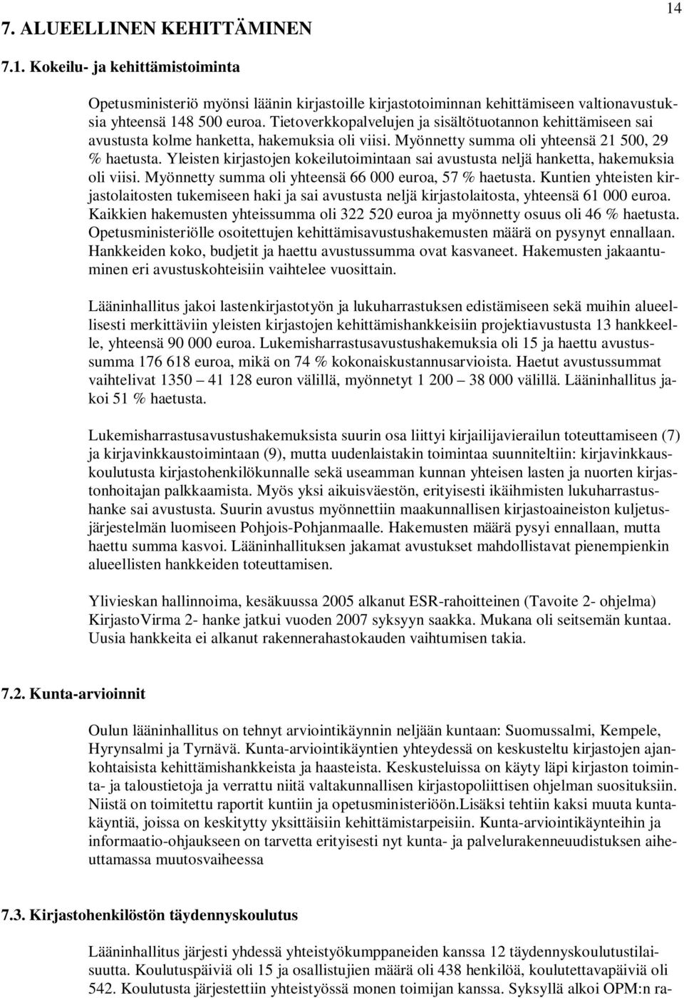 Yleisten kirjastojen kokeilutoimintaan sai avustusta neljä hanketta, hakemuksia oli viisi. Myönnetty summa oli yhteensä 66 000 euroa, 57 haetusta.