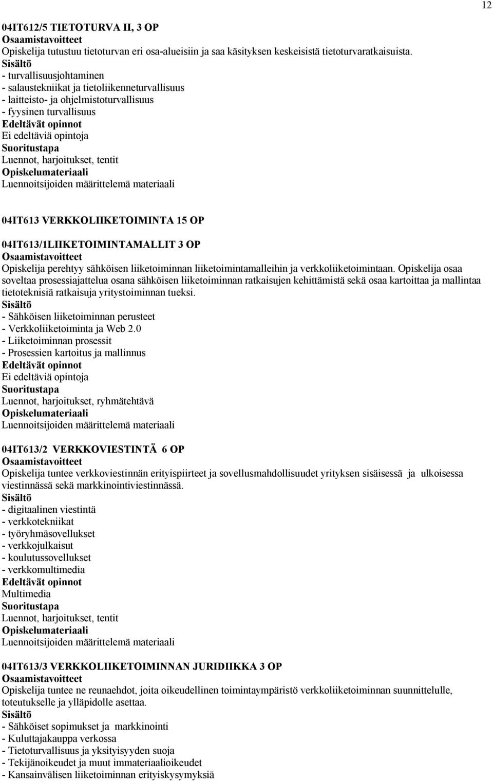 Luennoitsijoiden määrittelemä materiaali 04IT613 VERKKOLIIKETOIMINTA 15 OP 04IT613/1LIIKETOIMINTAMALLIT 3 OP perehtyy sähköisen liiketoiminnan liiketoimintamalleihin ja verkkoliiketoimintaan.