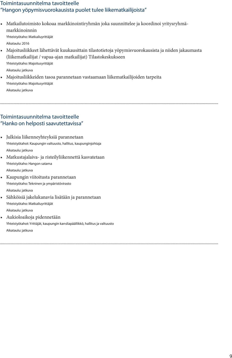 parannetaan vastaamaan liikematkailijoiden tarpeita Yhteistyötaho: Majoitusyrittäjät Hanko on helposti saavutettavissa Julkisia liikenneyhteyksiä parannetaan Yhteistyötahot: Kaupungin valtuusto,