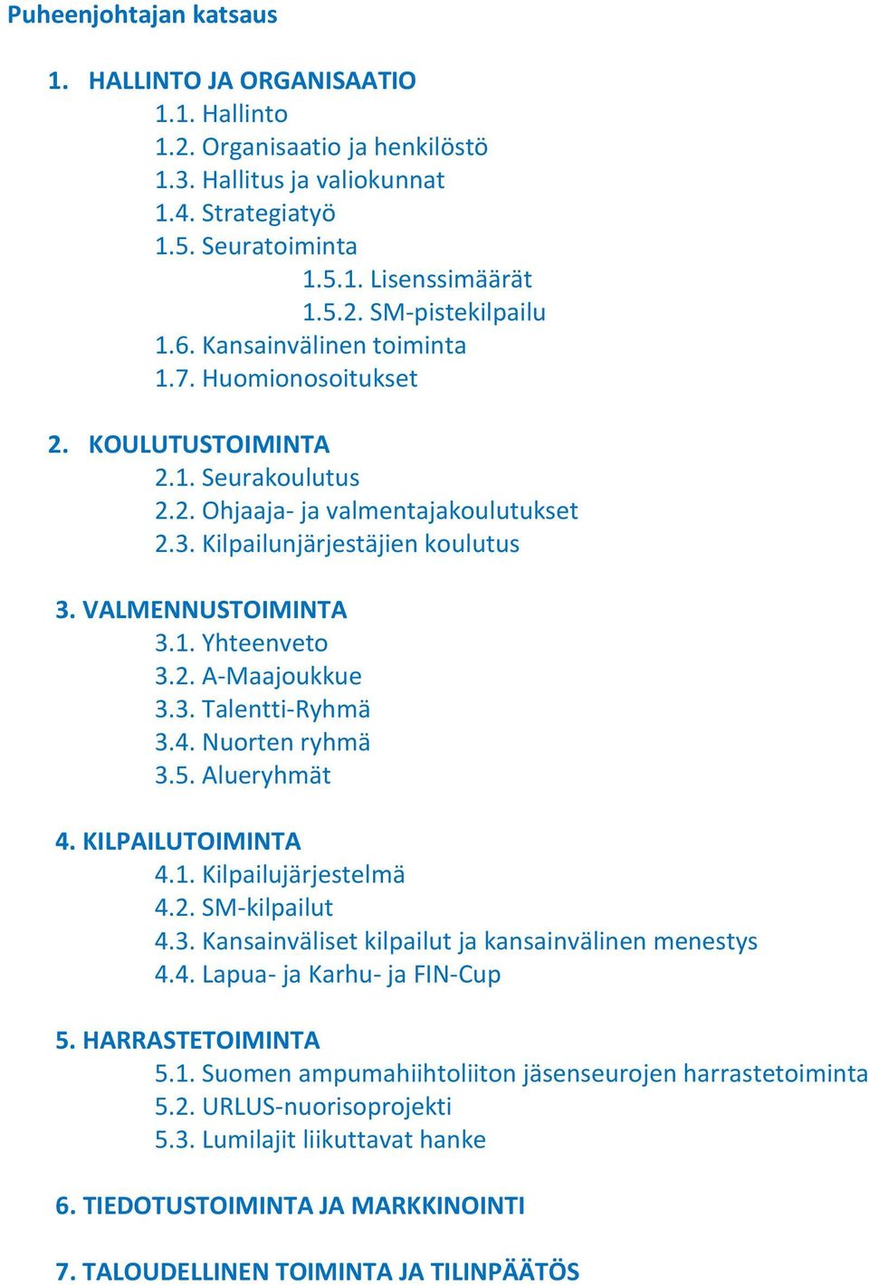 2. A-Maajoukkue 3.3. Talentti-Ryhmä 3.4. Nuorten ryhmä 3.5. Alueryhmät 4. KILPAILUTOIMINTA 4.1. Kilpailujärjestelmä 4.2. SM-kilpailut 4.3. Kansainväliset kilpailut ja kansainvälinen menestys 4.4. Lapua- ja Karhu- ja FIN-Cup 5.