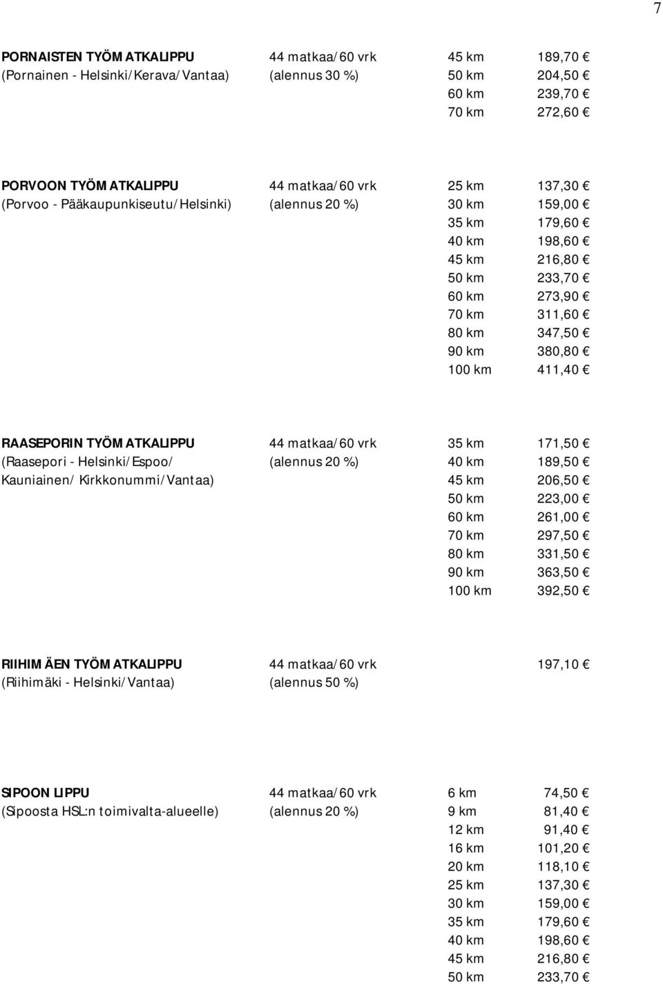 TYÖMATKALIPPU 44 matkaa/60 vrk 35 km 171,50 (Raasepori - Helsinki/Espoo/ (alennus 20 %) 40 km 189,50 Kauniainen/ Kirkkonummi/Vantaa) 45 km 206,50 50 km 223,00 60 km 261,00 70 km 297,50 80 km 331,50