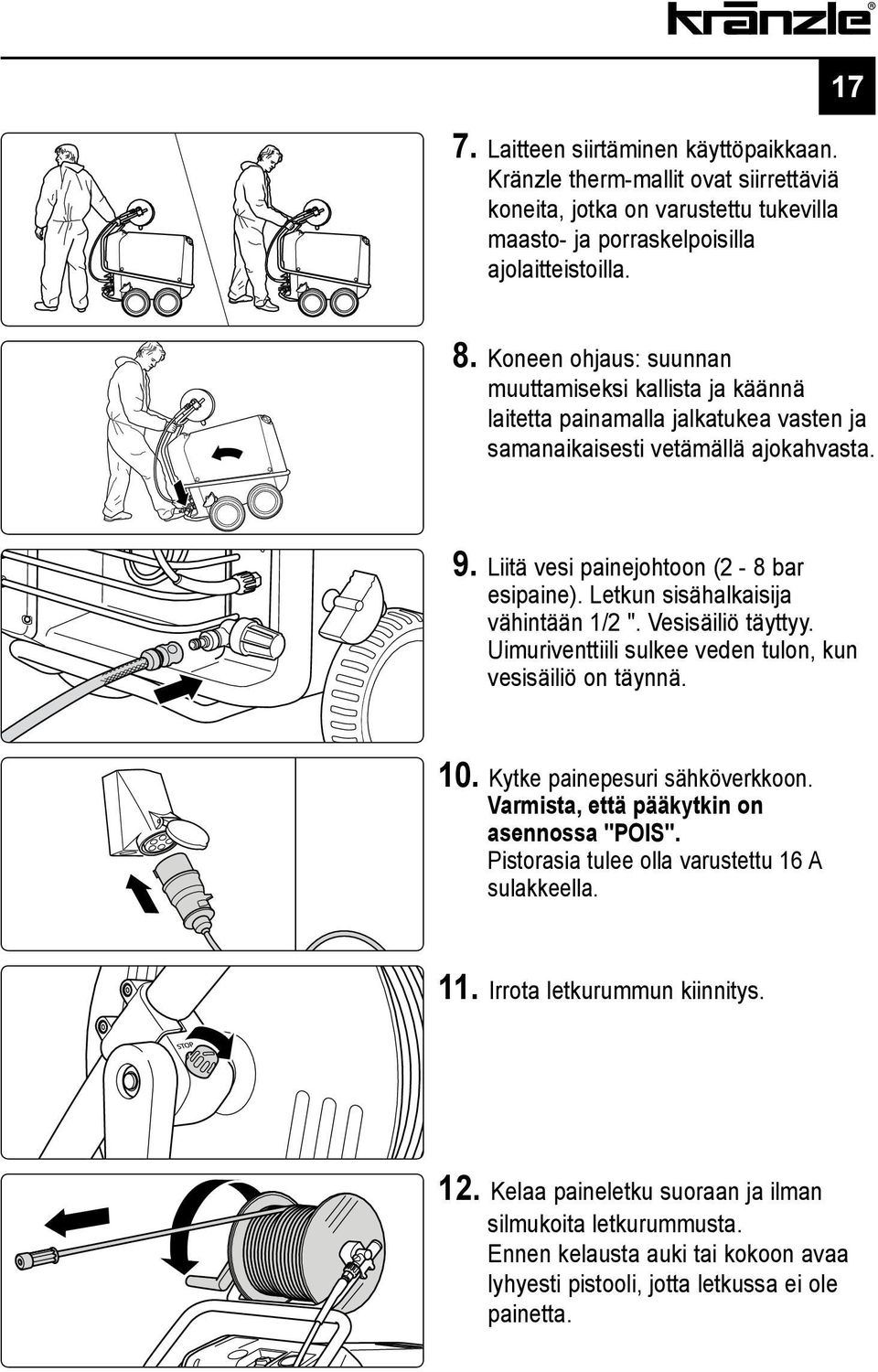 Letkun sisähalkaisija vähintään 1/2 ". Vesisäiliö täyttyy. Uimuriventtiili sulkee veden tulon, kun vesisäiliö on täynnä. 10. Kytke painepesuri sähköverkkoon.