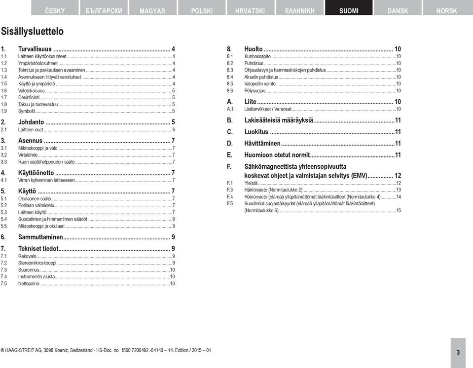 ..6 3. Asennus... 7 3.1 Mikroskooppi ja valo...7 3.2 Virtalähde...7 3.3 Raon säätöhelppouden säätö...7 4. Käyttöönotto... 7 4.1 Virran kytkeminen laitteeseen...7 5. Käyttö... 7 5.1 Okulaarien säätö.