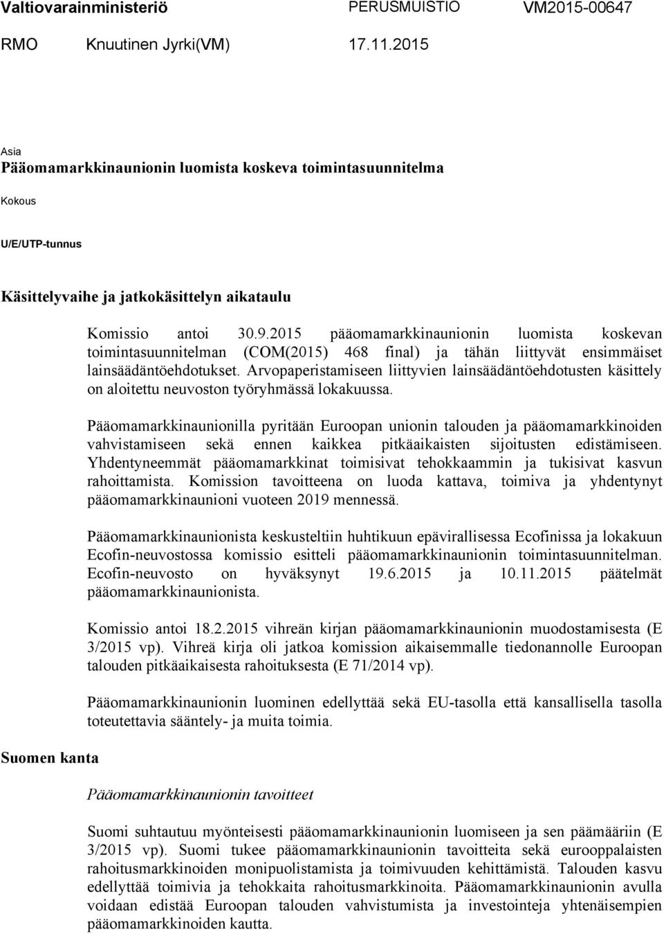 2015 pääomamarkkinaunionin luomista koskevan toimintasuunnitelman (COM(2015) 468 final) ja tähän liittyvät ensimmäiset lainsäädäntöehdotukset.