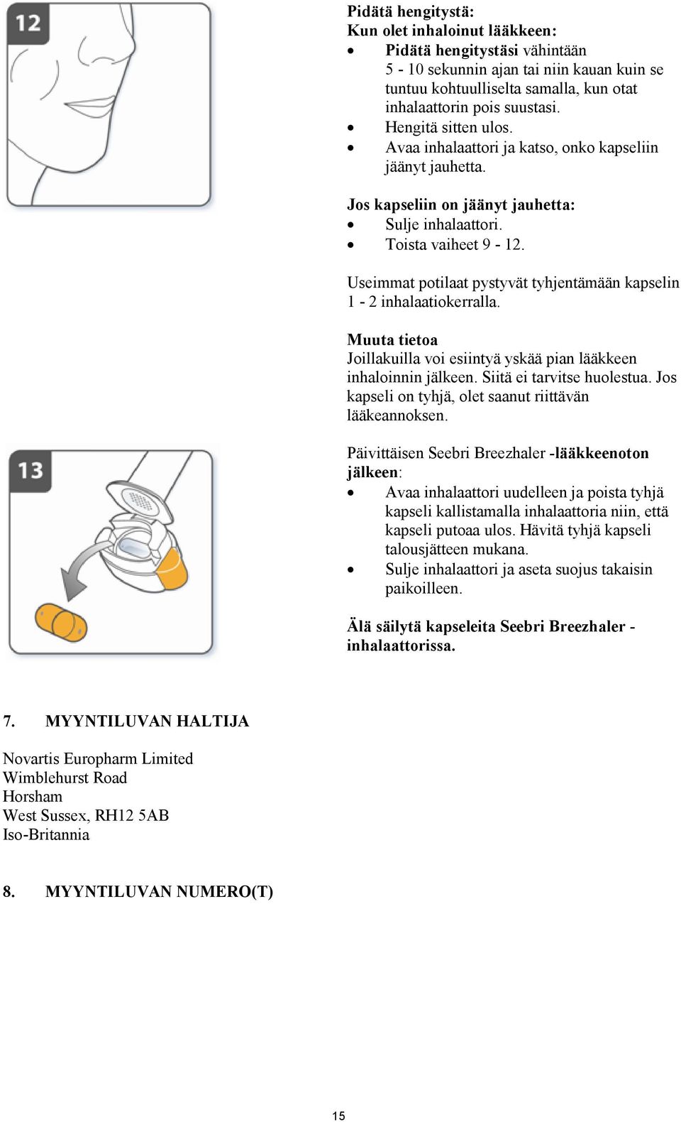 Useimmat potilaat pystyvät tyhjentämään kapselin 1-2 inhalaatiokerralla. Muuta tietoa Joillakuilla voi esiintyä yskää pian lääkkeen inhaloinnin jälkeen. Siitä ei tarvitse huolestua.