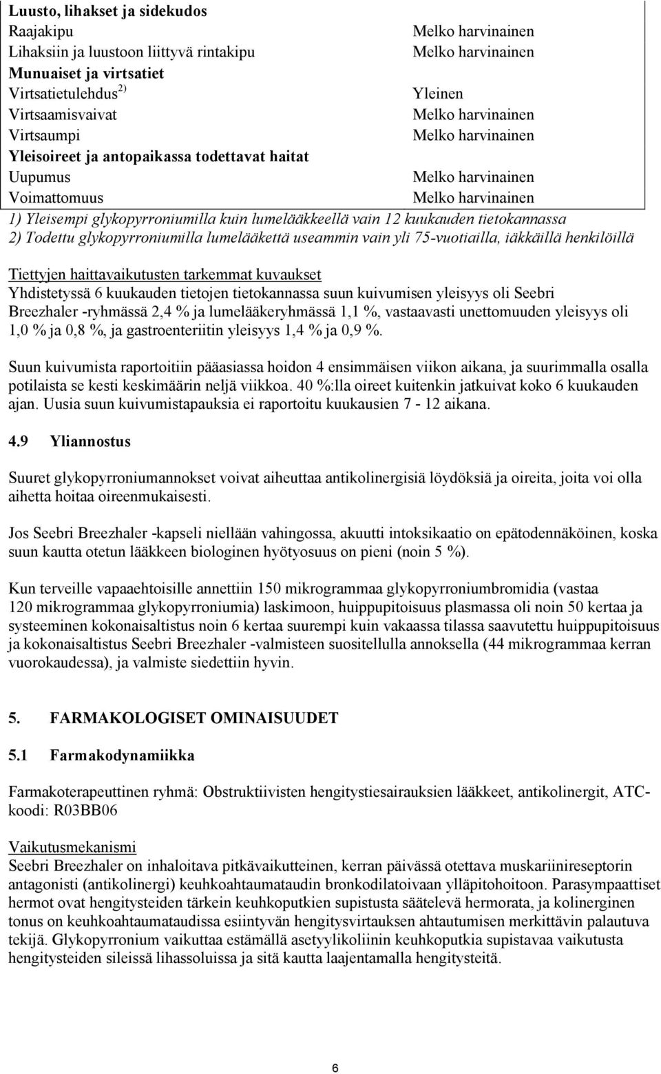 vain 12 kuukauden tietokannassa 2) Todettu glykopyrroniumilla lumelääkettä useammin vain yli 75-vuotiailla, iäkkäillä henkilöillä Tiettyjen haittavaikutusten tarkemmat kuvaukset Yhdistetyssä 6