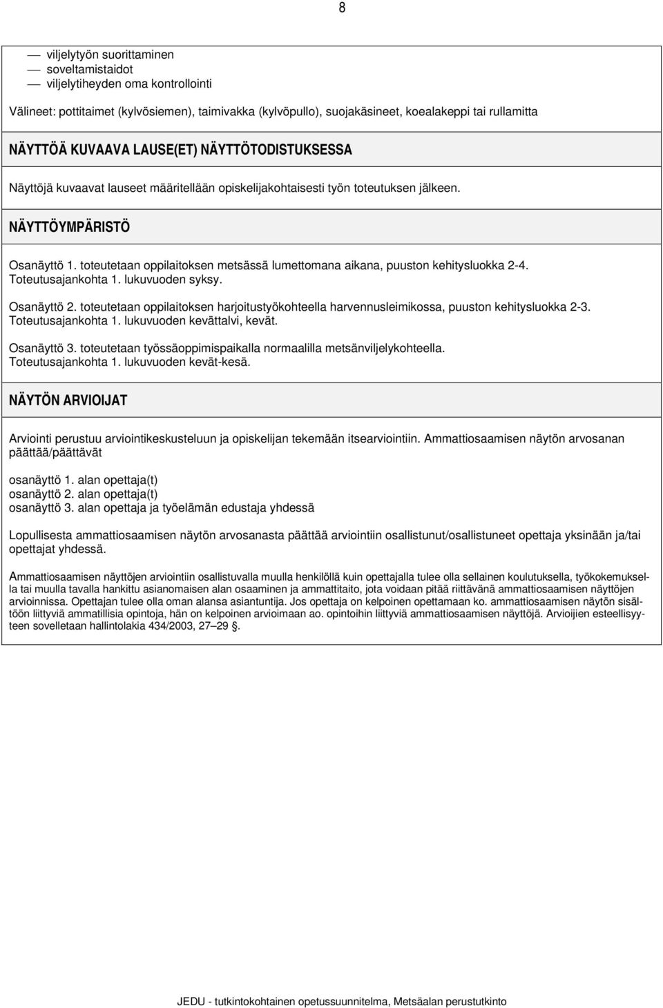 toteutetaan oppilaitoksen metsässä lumettomana aikana, puuston kehitysluokka 2-4. Toteutusajankohta 1. lukuvuoden syksy. Osanäyttö 2.