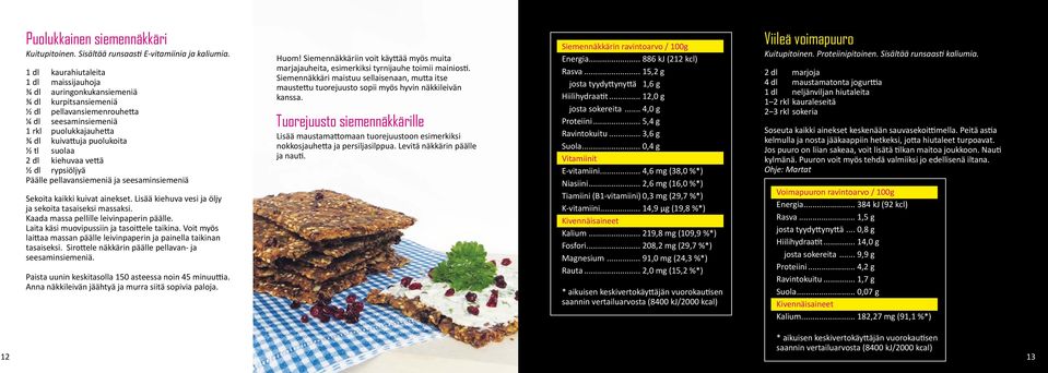 2 dl kiehuvaa ve ä ½ dl rypsiöljyä Päälle pellavansiemeniä ja seesaminsiemeniä Sekoita kaikki kuivat ainekset. Lisää kiehuva vesi ja öljy ja sekoita tasaiseksi massaksi.