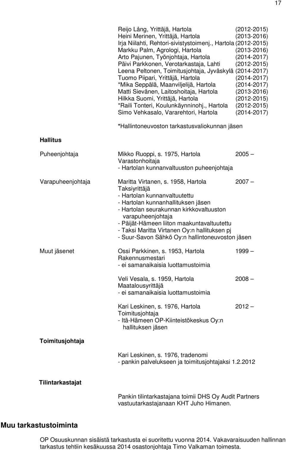 Jyväskylä (2014-2017) Tuomo Piipari, Yrittäjä, Hartola (2014-2017) *Mika Seppälä, Maanviljelijä, Hartola (2014-2017) Matti Sievänen, Laitoshoitaja, Hartola (2013-2016) Hilkka Suomi, Yrittäjä, Hartola