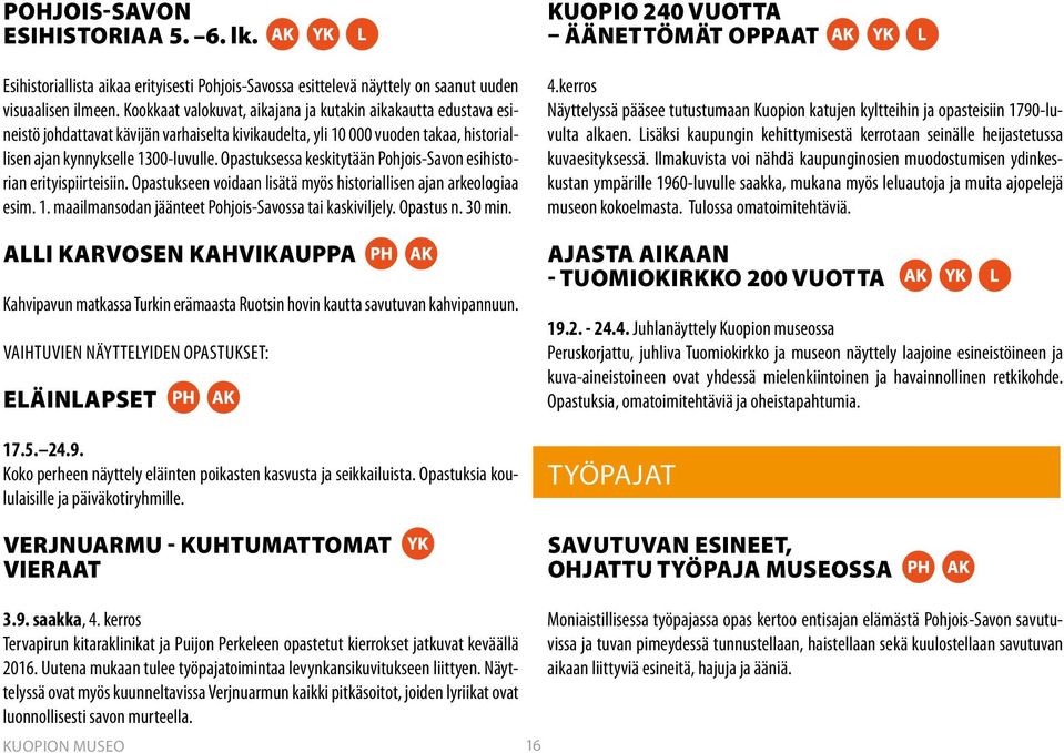 Opastuksessa keskitytään Pohjois-Savon esihistorian erityispiirteisiin. Opastukseen voidaan lisätä myös historiallisen ajan arkeologiaa esim. 1.
