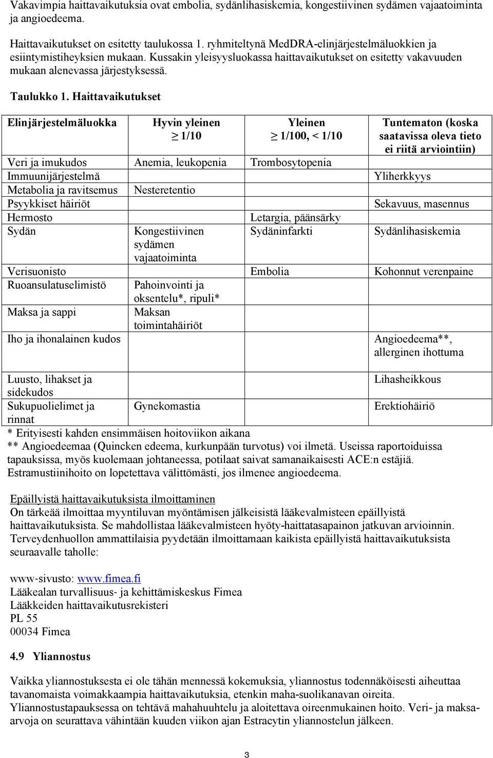 Haittavaikutukset Elinjärjestelmäluokka Hyvin yleinen 1/10 Yleinen 1/100, < 1/10 Tuntematon (koska saatavissa oleva tieto ei riitä arviointiin) Veri ja imukudos Anemia, leukopenia Trombosytopenia