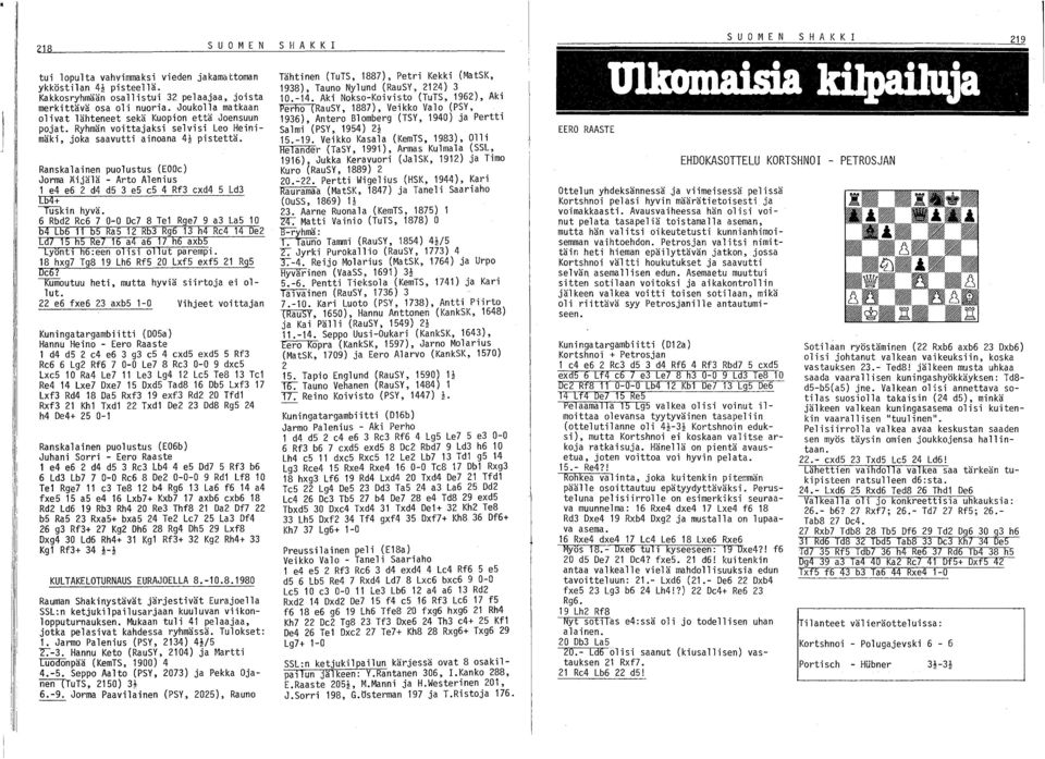 Ranskalainen puolustus (EOOe) Jorma Äijälä - Arto Alenius 1 e4 e6 2 d4 ds 3 es es 4 Rf3 cxd4 S Ld3 Lb4+ Ii:iSk i n hyvä.