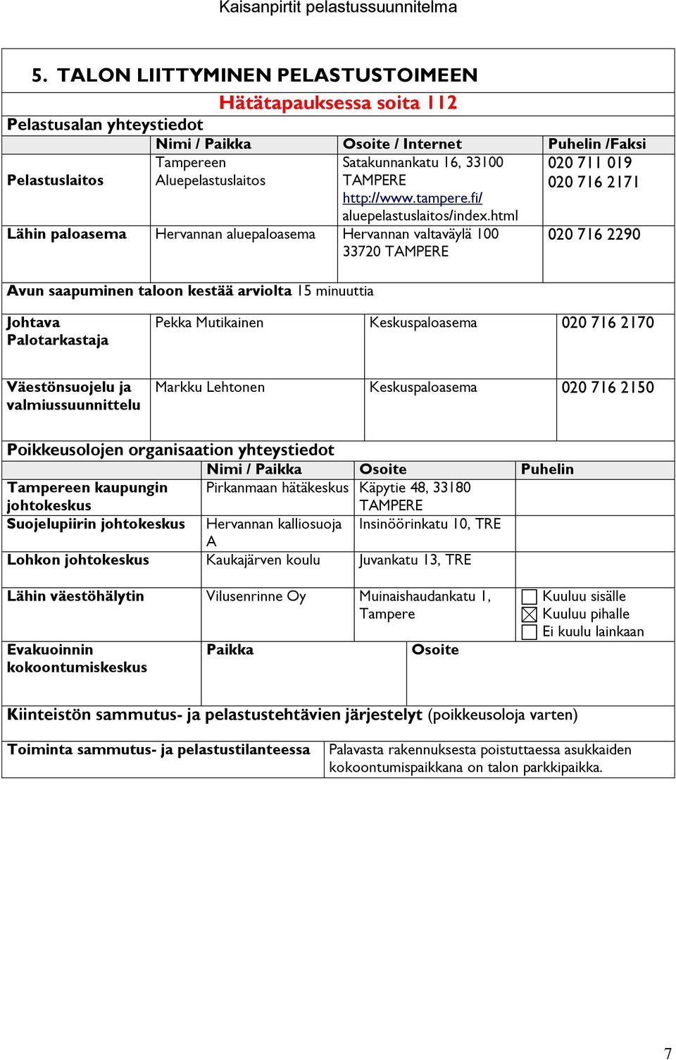 html Lähin paloasema Hervannan aluepaloasema Hervannan valtaväylä 100 33720 TAMPERE Avun saapuminen taloon kestää arviolta 15 minuuttia 020 716 2290 Johtava Palotarkastaja Pekka Mutikainen