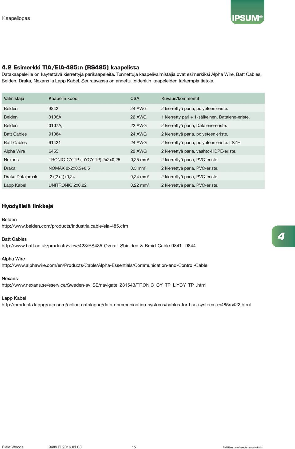 Valmistaja Kaapelin koodi CSA Kuvaus/kommentit Belden 984 4 AWG kierrettyä paria, polyeteenieriste. Belden 306A AWG kierretty pari + -säikeinen, Datalene-eriste.