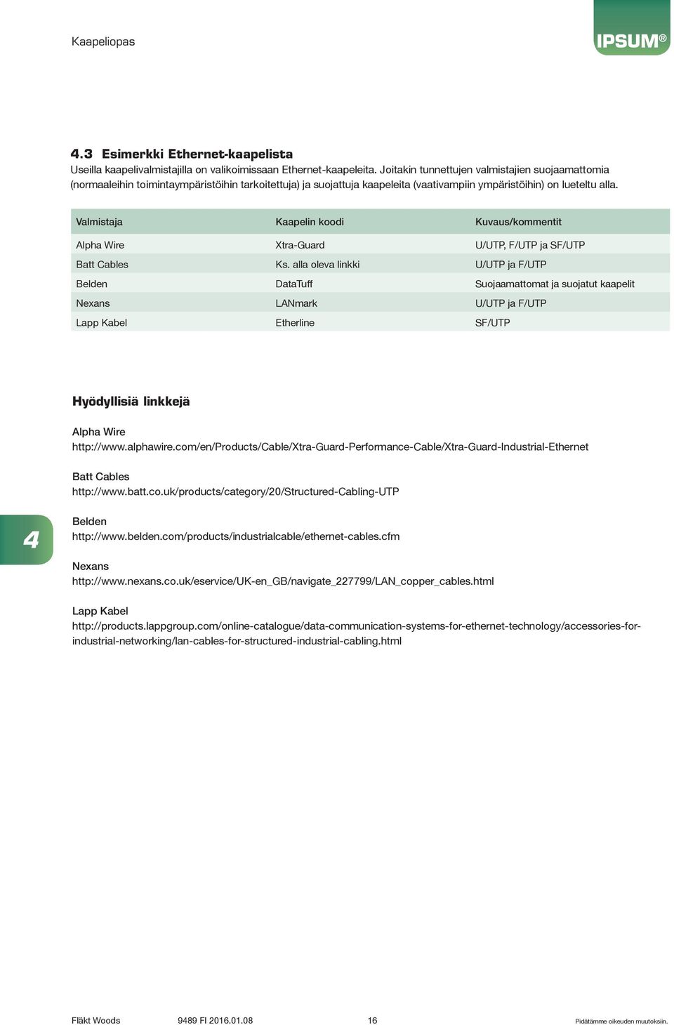 Valmistaja Kaapelin koodi Kuvaus/kommentit Alpha Wire Xtra-Guard U/UTP, F/UTP ja SF/UTP Batt Cables Ks.