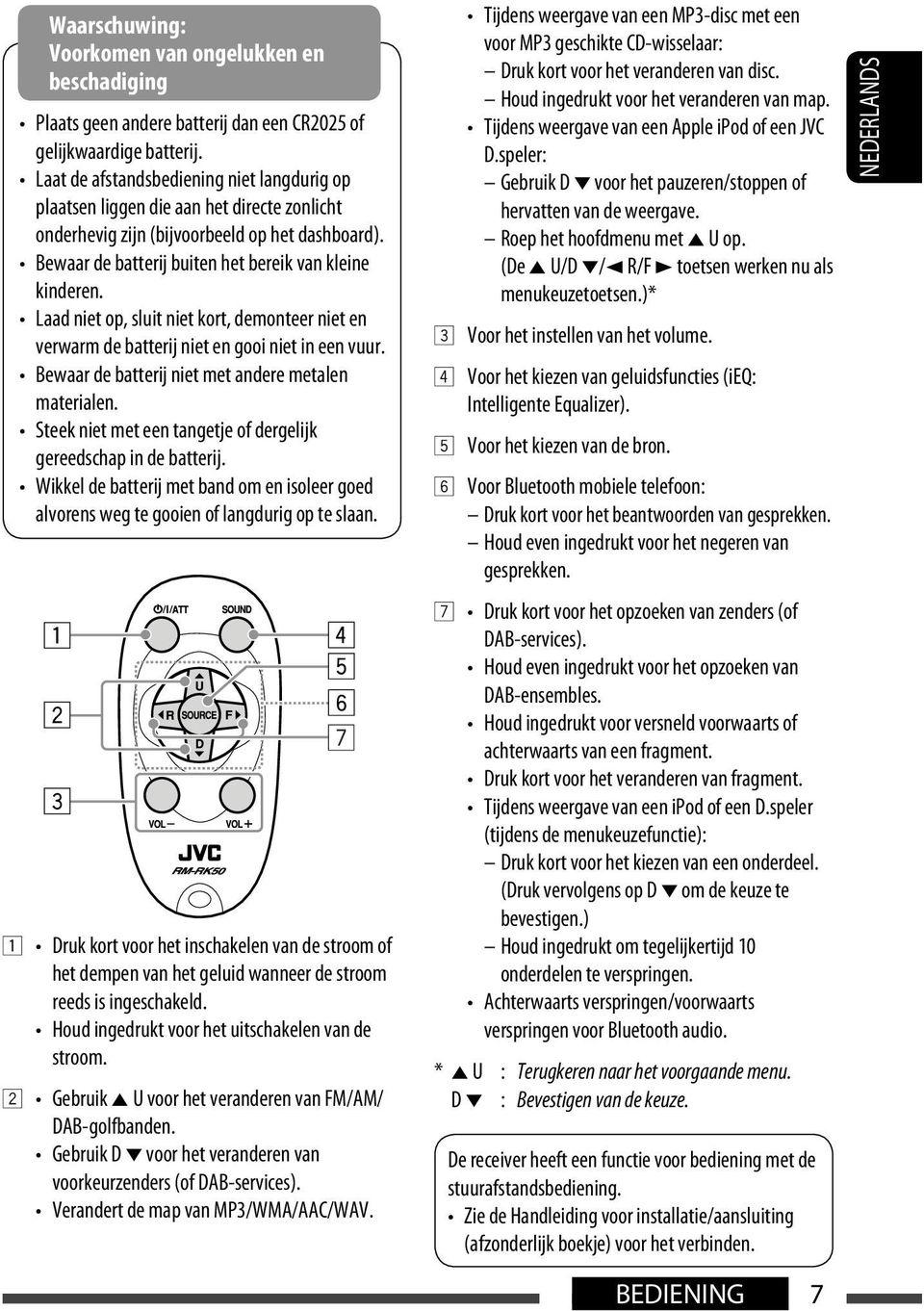 Laad niet op, sluit niet kort, demonteer niet en verwarm de batterij niet en gooi niet in een vuur. Bewaar de batterij niet met andere metalen materialen.