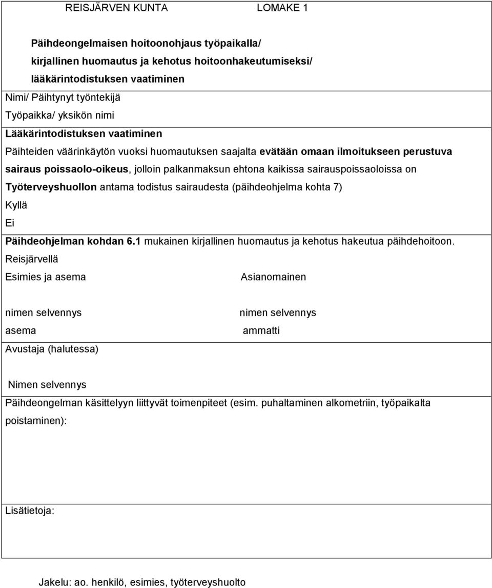 sairauspoissaoloissa on Työterveyshuollon antama todistus sairaudesta (päihdeohjelma kohta 7) Kyllä Ei Päihdeohjelman kohdan 6.1 mukainen kirjallinen huomautus ja kehotus hakeutua päihdehoitoon.