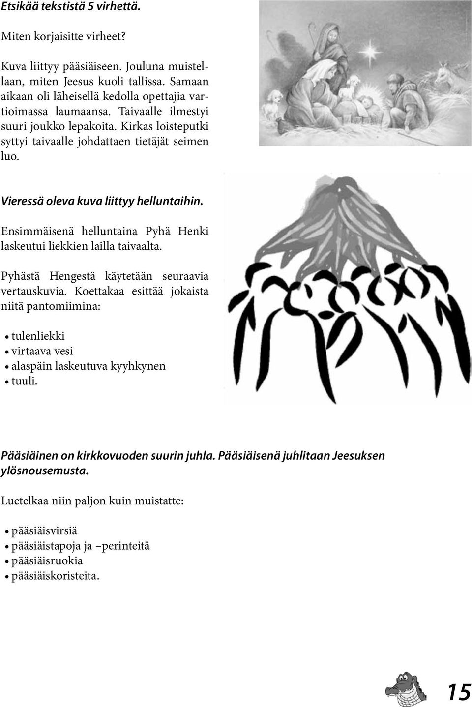 Vieressä oleva kuva liittyy helluntaihin. Ensimmäisenä helluntaina Pyhä Henki laskeutui liekkien lailla taivaalta. Pyhästä Hengestä käytetään seuraavia vertauskuvia.