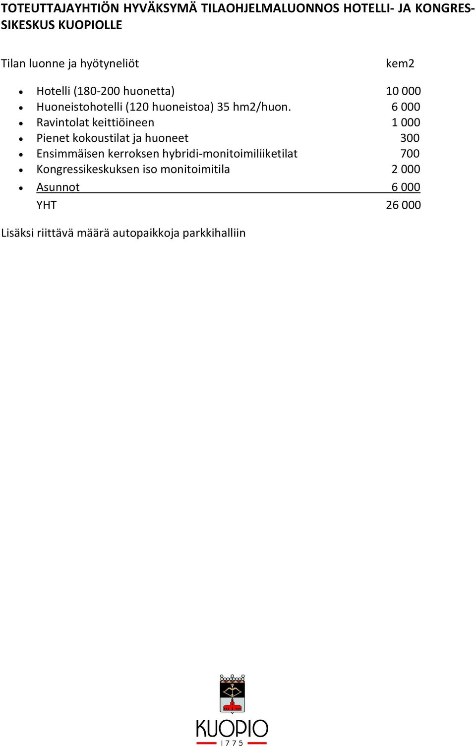 6 000 Ravintolat keittiöineen 1 000 Pienet kokoustilat ja huoneet 300 Ensimmäisen kerroksen