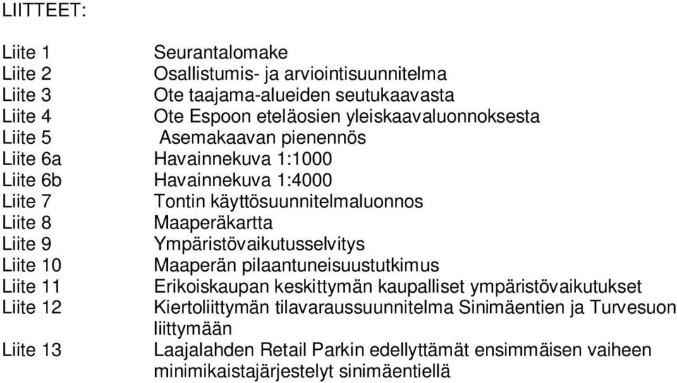 Maaperäkartta Liite 9 Ympäristövaikutusselvitys Liite 10 Maaperän pilaantuneisuustutkimus Liite 11 Erikoiskaupan keskittymän kaupalliset ympäristövaikutukset Liite