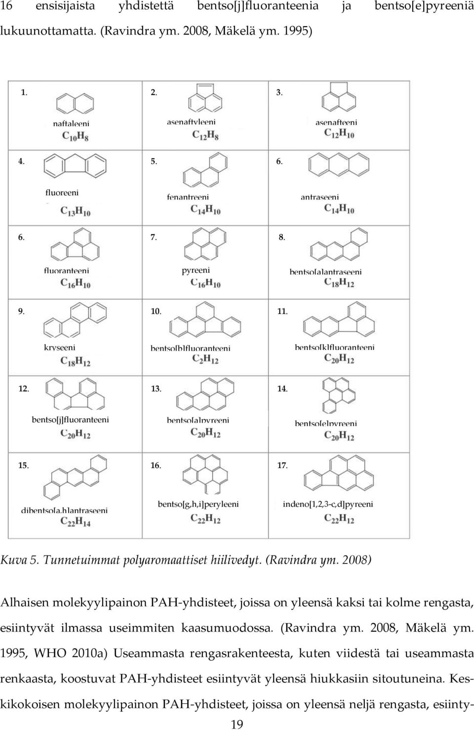 1995, WHO 2010a) Useammasta rengasrakenteesta, kuten viidestä tai useammasta renkaasta, koostuvat PAH-yhdisteet esiintyvät yleensä hiukkasiin sitoutuneina.