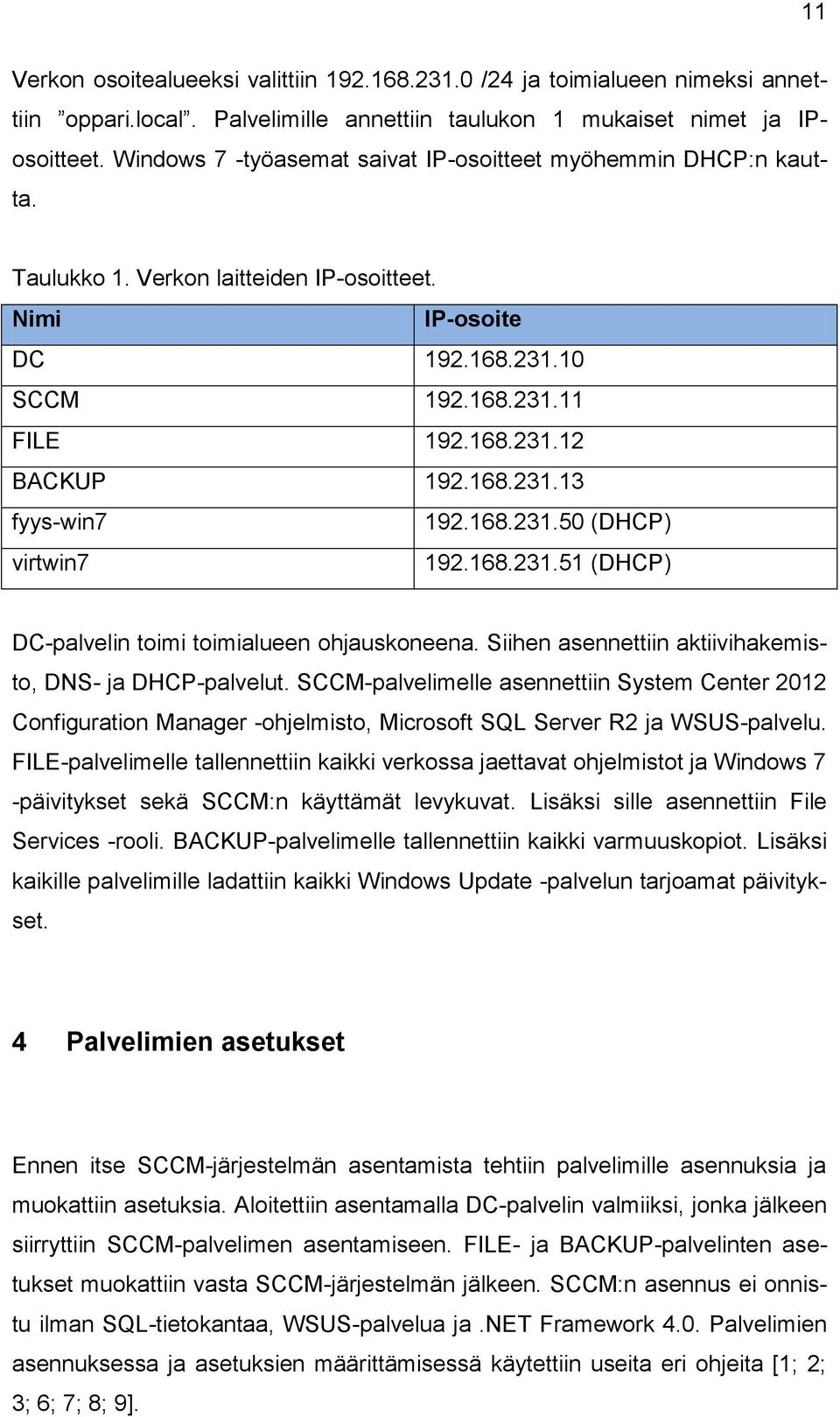 168.231.50 (DHCP) virtwin7 192.168.231.51 (DHCP) DC-palvelin toimi toimialueen ohjauskoneena. Siihen asennettiin aktiivihakemisto, DNS- ja DHCP-palvelut.