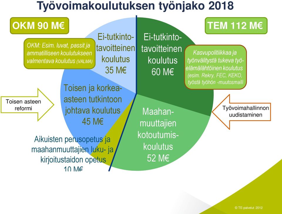 tutkintoon johtava koulutus 45 M Aikuisten perusopetus ja maahanmuuttajien luku- ja kirjoitustaidon opetus 10 M Ei-tutkintotavoitteinen