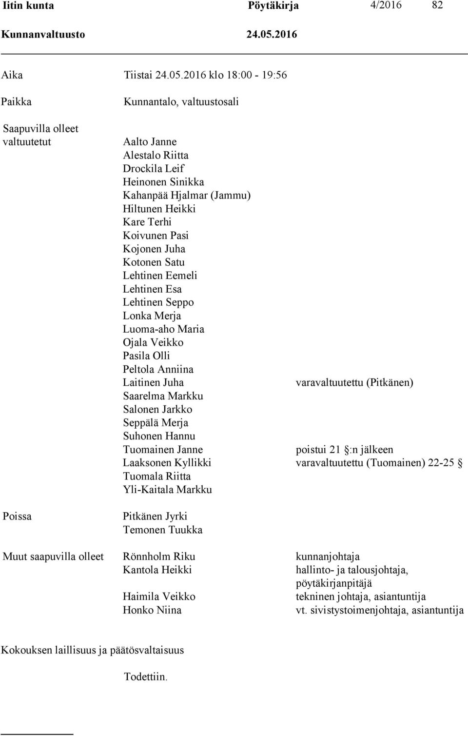 2016 klo 18:00-19:56 Paikka Saapuvilla olleet valtuutetut Poissa Kunnantalo, valtuustosali Aalto Janne Alestalo Riitta Drockila Leif Heinonen Sinikka Kahanpää Hjalmar (Jammu) Hiltunen Heikki Kare