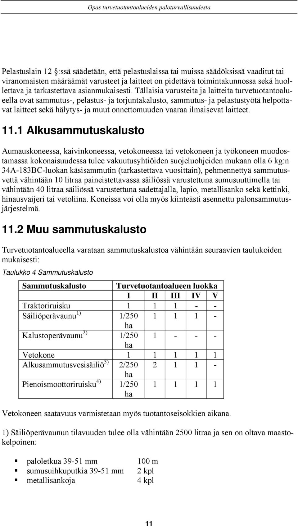 Tällaisia varusteita ja laitteita turvetuotantoalueella ovat sammutus-, pelastus- ja torjuntakalusto, sammutus- ja pelastustyötä helpottavat laitteet sekä hälytys- ja muut onnettomuuden vaaraa