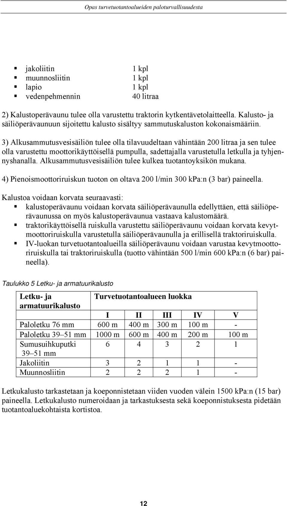 3) Alkusammutusvesisäiliön tulee olla tilavuudeltaan vähintään 200 litraa ja sen tulee olla varustettu moottorikäyttöisellä pumpulla, sadettajalla varustetulla letkulla ja tyhjennyshanalla.