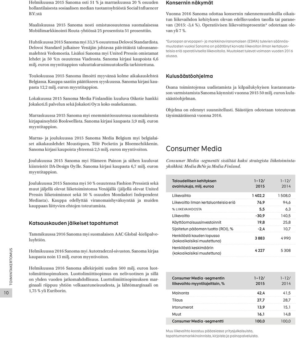 Delovoi Standard julkaisee Venäjän johtavaa päivittäistä taloussanomalehteä Vedomostia. Lisäksi Sanoma myi United Pressin omistamat lehdet ja 50 %:n osuutensa Viadeosta.