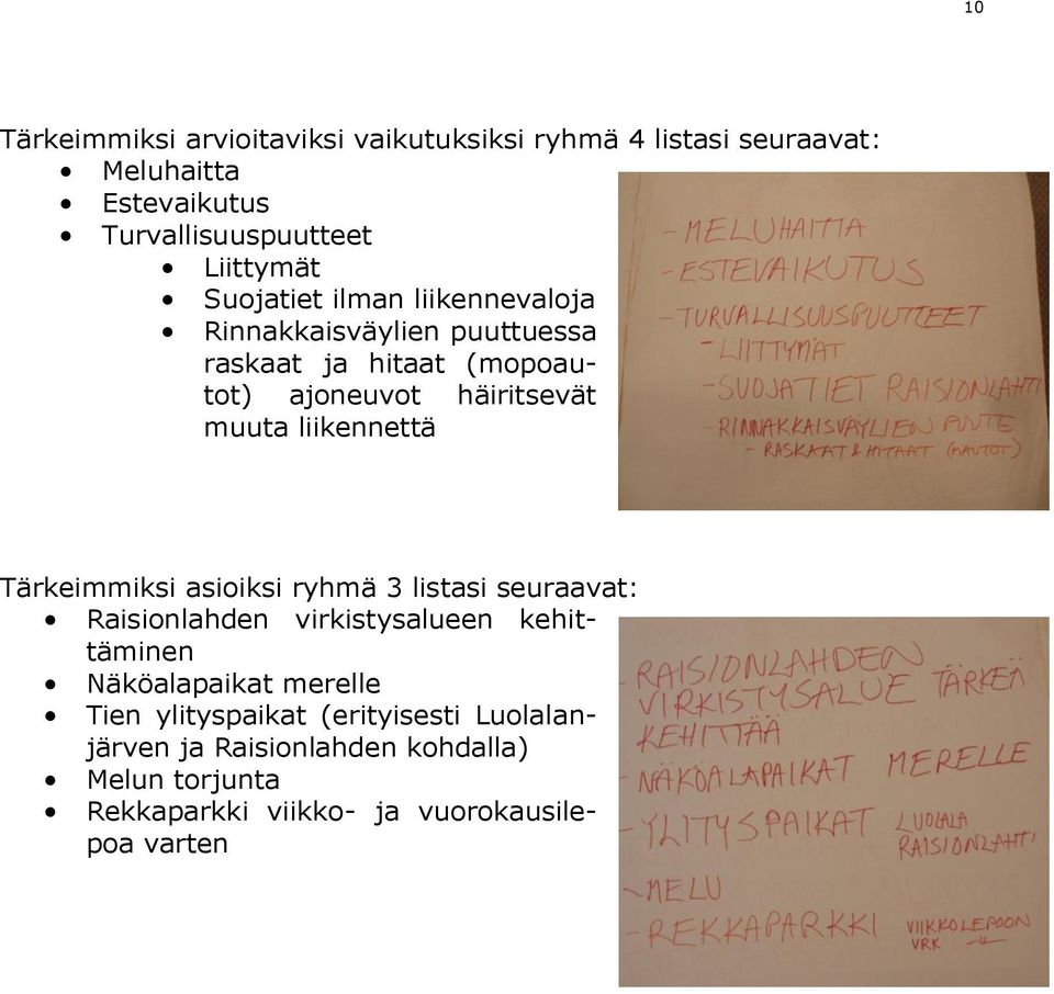 liikennettä Tärkeimmiksi asioiksi ryhmä 3 listasi seuraavat: Raisionlahden virkistysalueen kehittäminen Näköalapaikat merelle
