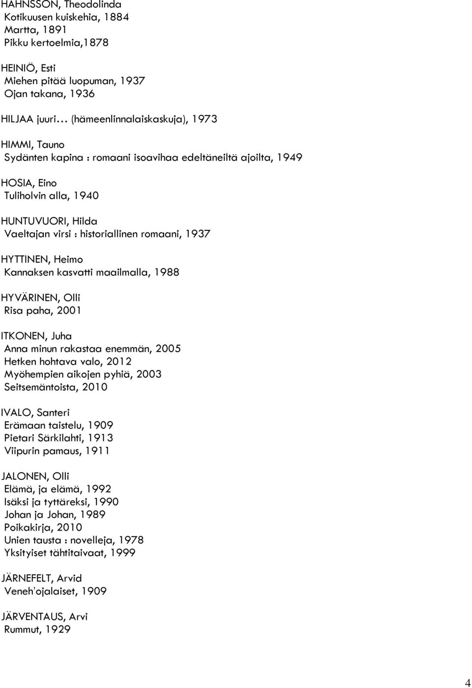 maailmalla, 1988 HYVÄRINEN, Olli Risa paha, 2001 ITKONEN, Juha Anna minun rakastaa enemmän, 2005 Hetken hohtava valo, 2012 Myöhempien aikojen pyhiä, 2003 Seitsemäntoista, 2010 IVALO, Santeri Erämaan