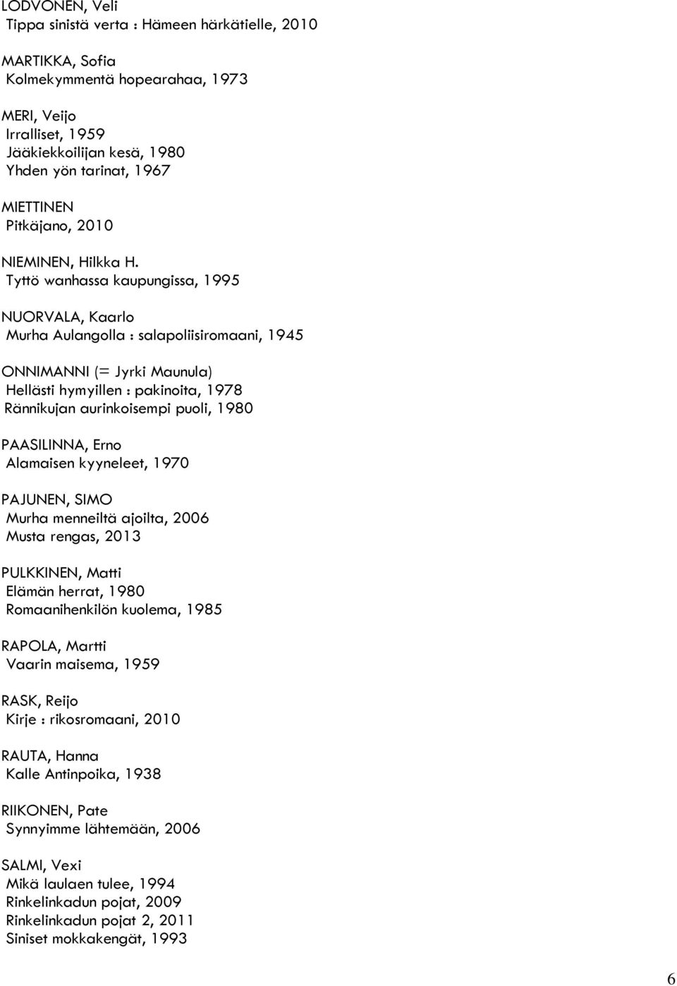 Tyttö wanhassa kaupungissa, 1995 NUORVALA, Kaarlo Murha Aulangolla : salapoliisiromaani, 1945 ONNIMANNI (= Jyrki Maunula) Hellästi hymyillen : pakinoita, 1978 Rännikujan aurinkoisempi puoli, 1980