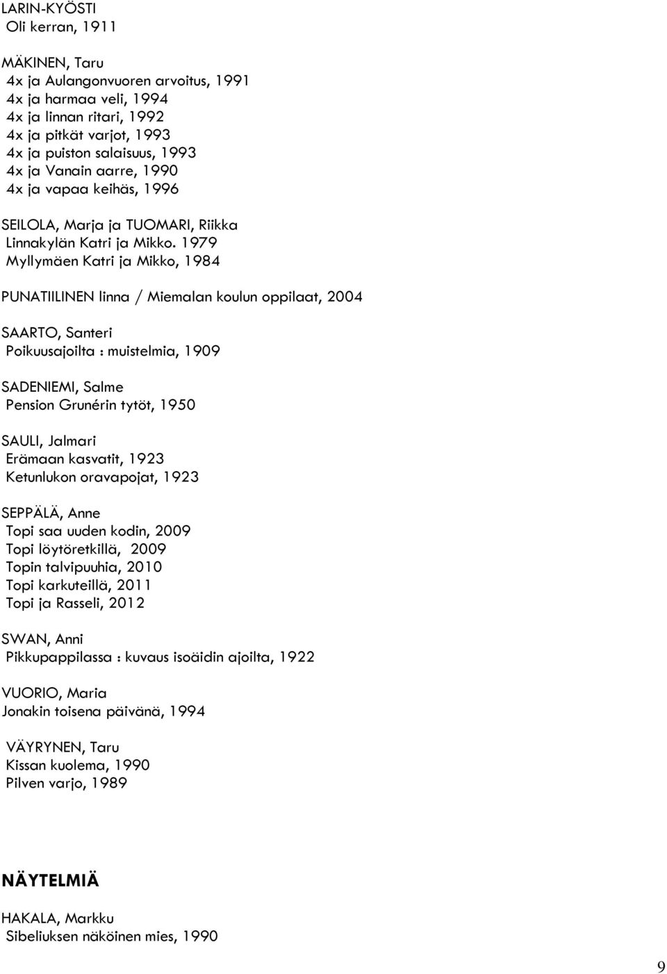 1979 Myllymäen Katri ja Mikko, 1984 PUNATIILINEN linna / Miemalan koulun oppilaat, 2004 SAARTO, Santeri Poikuusajoilta : muistelmia, 1909 SADENIEMI, Salme Pension Grunérin tytöt, 1950 SAULI, Jalmari