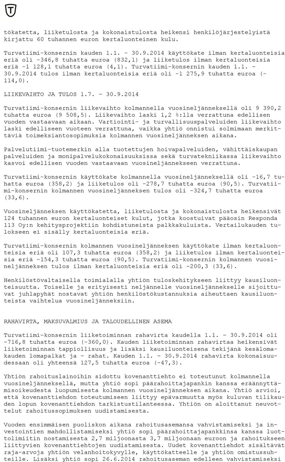 2014 tulos ilman kertaluonteisia eriä oli -1 275,9 tuhatta euroa (- 114,0). LIIKEVAIHTO JA TULOS 1.7. 30.9.2014 Turvatiimi-konsernin liikevaihto kolmannella vuosineljänneksellä oli 9 390,2 tuhatta euroa (9 508,5).