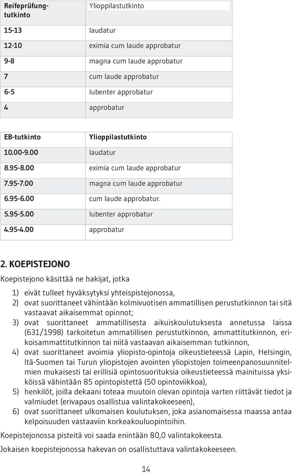KOEPISTEJONO Koepistejono käsittää ne hakijat, jotka 1) eivät tulleet hyväksytyksi yhteispistejonossa, 2) ovat suorittaneet vähintään kolmivuotisen ammatillisen perustutkinnon tai sitä vastaavat