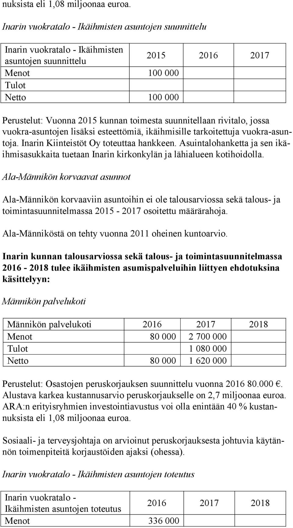 suunnitellaan rivitalo, jossa vuokra-asuntojen lisäksi esteet tömiä, ikäihmisille tarkoitettuja vuokra-asuntoja. Inarin Kiinteistöt Oy toteuttaa hankkeen.