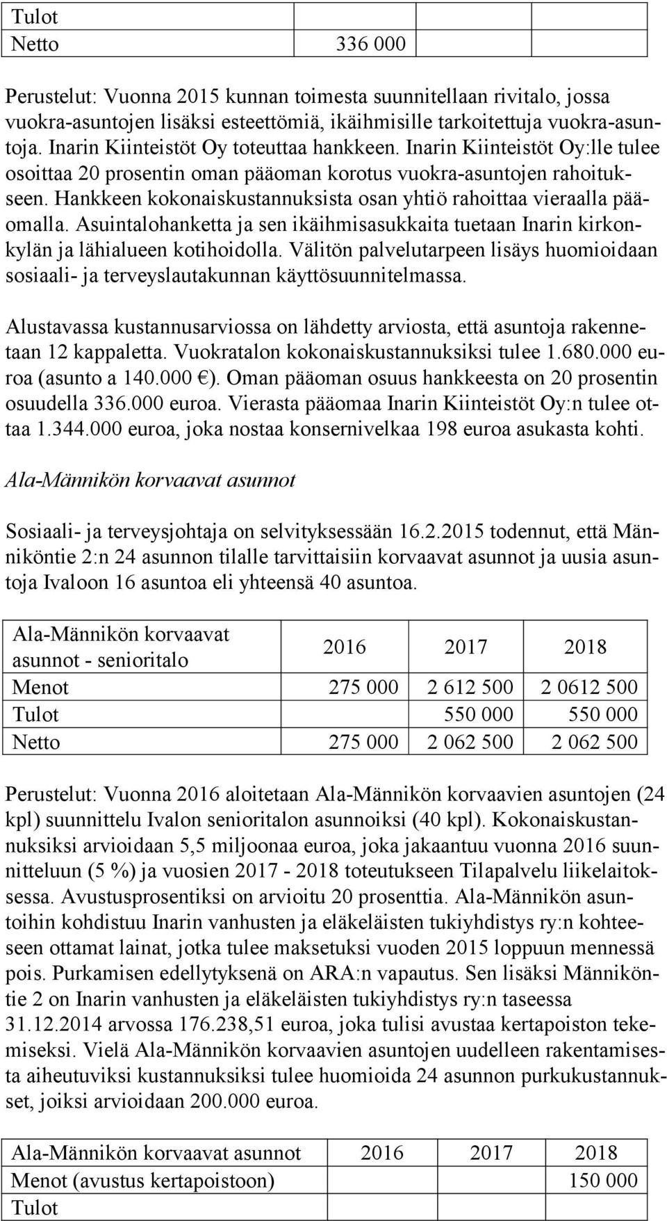 Hank keen kokonaiskustan nuksista osan yhtiö rahoittaa vieraalla pääomal la. Asuintalohanketta ja sen ikäihmis asukkaita tuetaan Inarin kirkonkylän ja lä hialueen kotihoidolla.