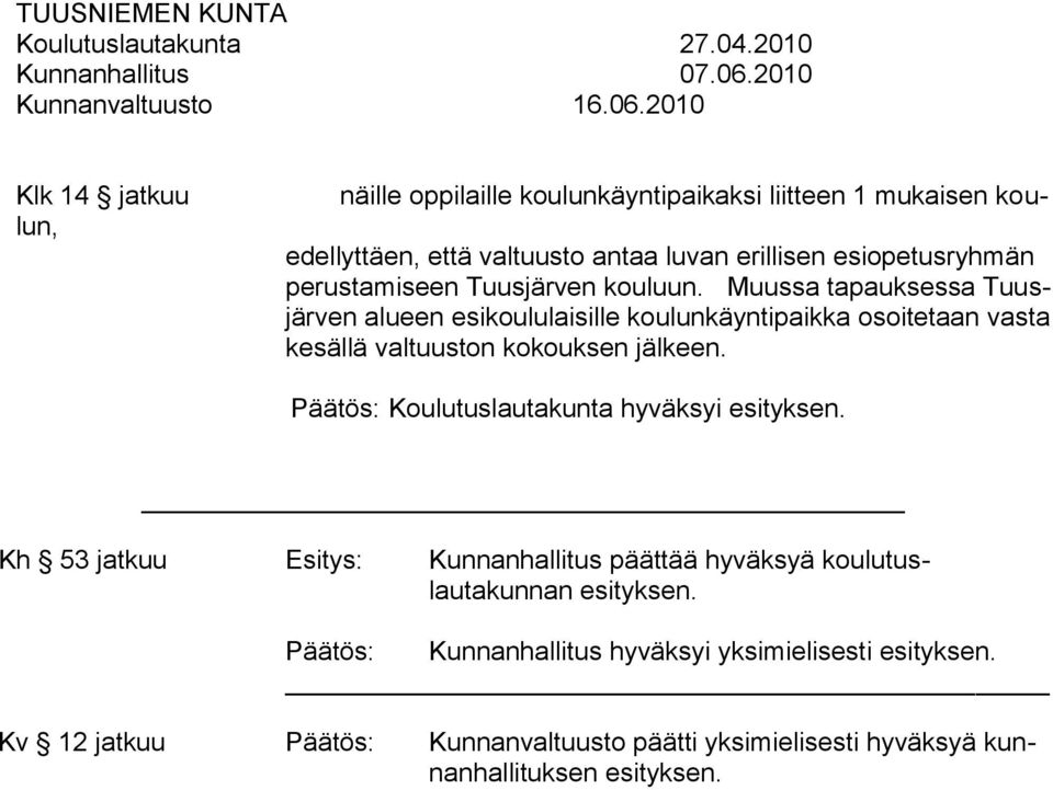 perustamiseen Tuusjärven kouluun. Muussa tapauksessa Tuusjärven alueen esikoululaisille koulunkäyntipaikka osoitetaan vasta kesällä valtuuston kokouksen jälkeen.